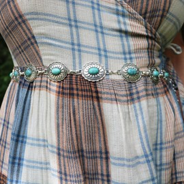Rosemarie & Jubalee Cowgirl Chic Statement Western Burnished Silver Tone Conchos On Link Body Waist Chain Belt (Turquoise Howlite Stone Centers 34"+9" Extender)