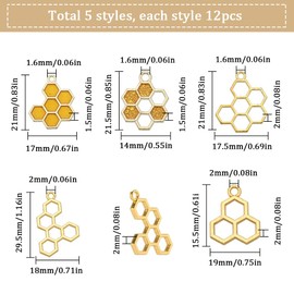 SUNNYCLUE 1 Box 60Pcs 5 Styles Bee Charms Honeycomb Charms Bulk Honeycomb Enamel Charm Mini Honeycomb Charm Hollow Sweet Honey Charms for jewellery Making Charms DIY Earrings Bracelet Necklace