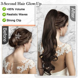 24 Inch Claw Clip Ponytail Extension - Wavy Curly Synthetic Hair Extensions for Women, Thick Long Fake Hair Ponytail with Clip, Human Hair Like Hairpiece (Black)