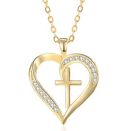 CDZHKX Heart Cross Necklace for Women 925 Sterling Silver Cubic Zirconia Pendant with Chain Valentines Trendy Jewelry Hypoallergenic, Gold Plated
