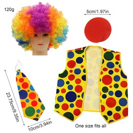 PMELCXD Complete Clown Accessories Set of 4 Includes Rainbow Clown Wig, Funny Nose, Colourful Polka Dot Tie and Vest