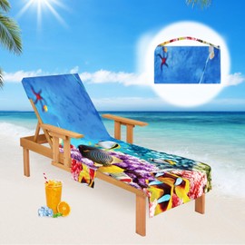 Oemmn Ocean Slipcover for Garden Lounger, Microfibre Quick-Drying Beach Towel with 2 Pockets, Terry Towelling Lounger, Garden Sun Lounger, Towel for Swimming Pools, Beaches, Garden