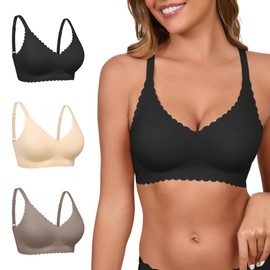 Wireless Seamless Bras for Women with Support - No Wire Push Up Womens Bra - No Underwire Padded Comfort Bralettes Breast Lift for Back Fat - Coverage Comfortable Bralette Wirefree 3 Pack(3P1,L)