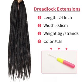 BYKSVIOC 24 Inch Dreadlocks Extensions Black 10Strands Handmade Dreadlock crochet hair braids Synthetic thin 0.6cm Hippie Straight Double Ended Dreads Goddess Locs Crochet Hair for Women24inch,1b)