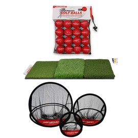 PowerNet Ultimate Chipping Bundle, 3 Golf Nets & 16 Practice Balls & Tri-Turf Grass Mat, Chipping Training Aid, Portable Hitting Mat with Foam Golf Balls & Targets