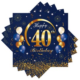 Blue Gold Happy 40th Birthday Napkins, Wentsent 40 Pcs 40th Happy Birthday Party Napkin Disposable, Birthday Serviettes Tissue Cocktail Napkins for Men Women He Her 40th Birthday Table Decorations