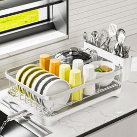 arshray Stainless Steel Dish Drying Rack – 304 Grade Dish Racks for Kitchen Counter with Utensil Holder & Adjustable Spout, Space-Saving Organizer, 16.5" x 11.8" x 5.3" White