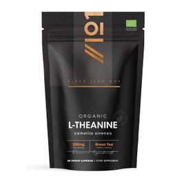 Organic L-Theanine 200mg from Green Tea Extract - 60 Vegan Capsules (2 Months Supply) - Plant Based Theanine Amino Acid Supplement - Resealable and Recyclable Pouch - by Alpha01