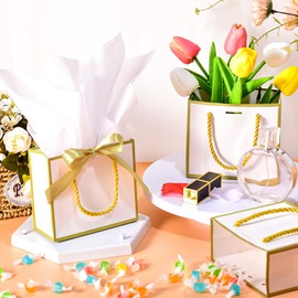 EQOREIIN 24 PCS Small Gift Bags with Handles,White Mini Bag,5.5x 2.5x4.7 Inches Small Thank You Gift Bags Bulk with Ribbon for Party Favors,Mother's Day, Goodie, Weddings,Baby Shower(White Gold)