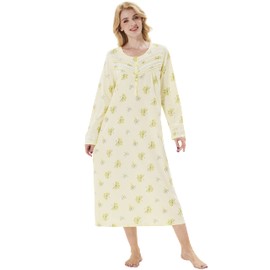 Keyocean Cotton Women Nightgowns, Soft Comfortable Lightweight Long Sleeves Winter Ladies Nightdress, Floral on Yellow, Small