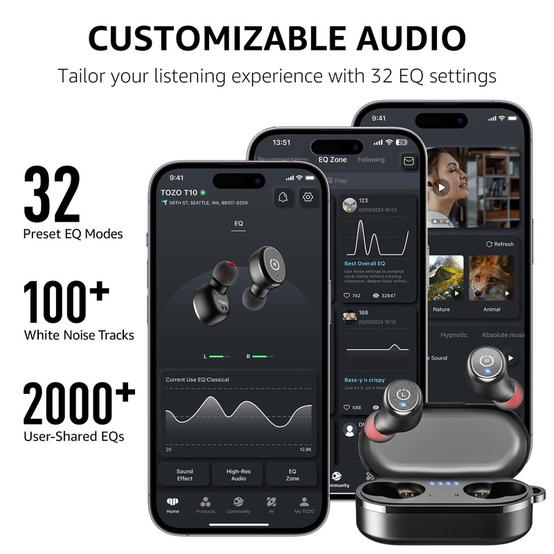 TOZO T10 Wireless Earbuds Bluetooth 5.3 Headphones, App Customize EQ,