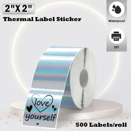 500 Pcs 2'' x 2'' Holographic Silver Thermal Label Stickers Square Thermal Printer Stickers Thermal Sticker Paper Self Adhesive Waterproof Labels for Name Price Tag Address Logo Design M221 PM-246S