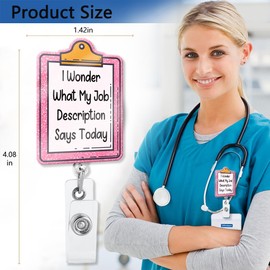 XQLZY I Wonder What My Job Description Says Today Pink Glitter Funny Badge Reel Retractable Band Shark Clip, Cute Clipboard Badge Holder Gift for Nurse Doctor Veterinary Social Worker Colleague