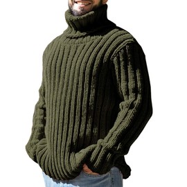 Runcati Men's Turtleneck Pullover Cable Knit Autumn Winter Chunky Knit Plain Jumper Sweater, Green, XXL