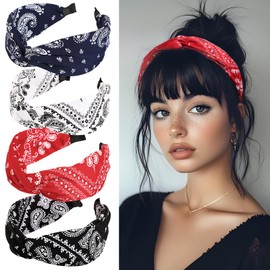 BOOMTOP 4pcs Headband Wide Headband Paisley Women's Hair Bands with Knot Rockabilly Headband Pleated Headband Vintage Hair Accessories Headwear for Girls Women Red Black White Dark Blue