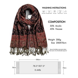 Women Pashmina Scarves Luxury Winter Scarf Paisley Shawl with Fringe Reversible Large Blanket Wrap 78.5" X27.5"(Black Red)