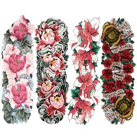 Oottati 4 Sheets Full Arm Extra large Sleeves Pink Red Flower Temporary Tattoo Stickers Body Art Lotus Rose Compass