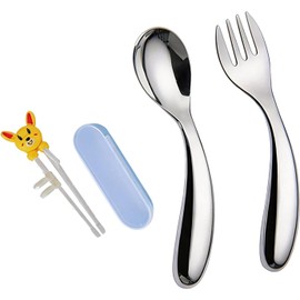 Juego de cubiertos de aprendizaje para manos pequeñas, cuchara y tenedor de acero inoxidable con asas dobladas para comidas en el hogar y viajes