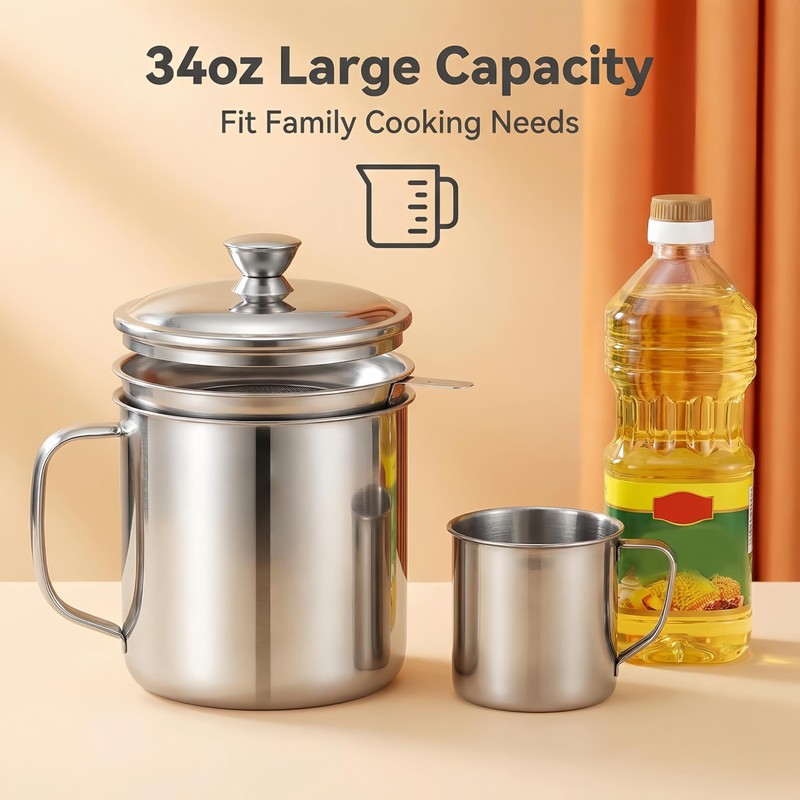 Oil Strainer Pot 34oz Stainless Steel, Bacon Grease Container Saver