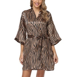 Laurel Snow Women's Floral Satin Robes Bride Bridesmaid Getting Ready Robe Short Silky Kimono Sleepwear for Wedding Party Stripe S