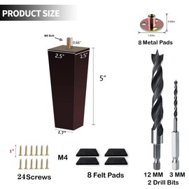 Txcucc Sofa Legs Square Bed Feet 6 inch Wood Replacement Leg for Furniture Set of 8, Dark Brown