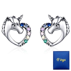 Earrings Silver Earrings, 925 Girls’ Unicorn Heart with Diamond Cubic Zirconia Piercing, Earrings, Medical Stud Earrings, Nickel-Free Earrings