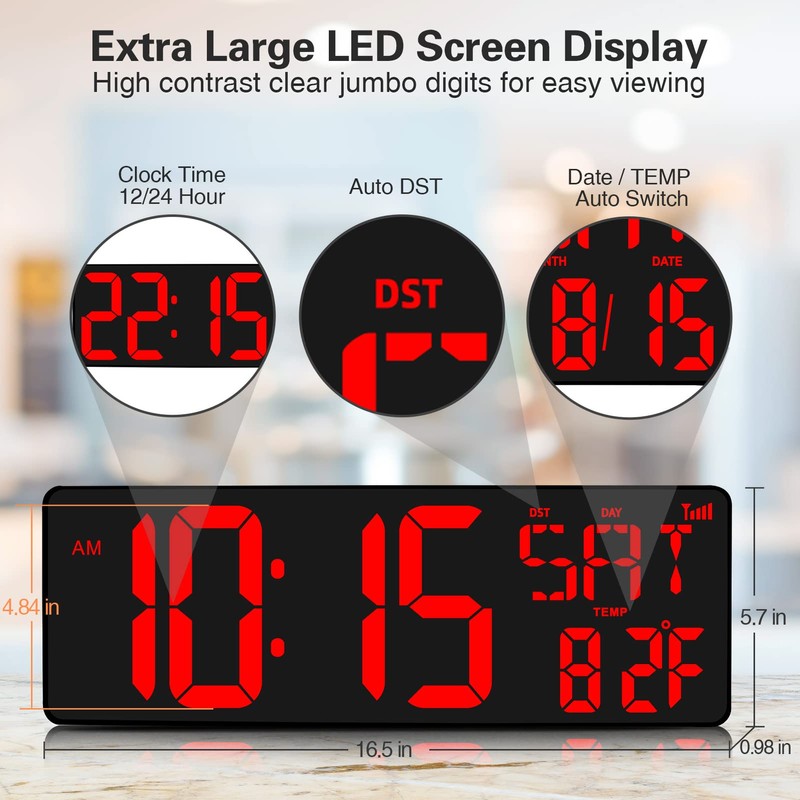 XREXS Large Digital Wall Clock WiFi Sync, 16.5 in Large