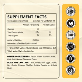 Acetyl L-Carnitine Gummies Sugar Free, L-Carnitine Supplement for Adults, High Potency Amino Acids, Support Brain Health, Energy Production & Metabolism, Gluten-Free, Non-GMO, Vegan, 60 Count