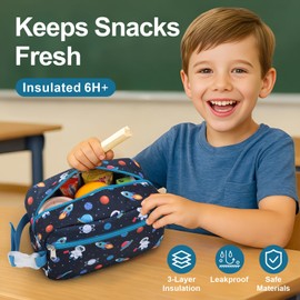 Bagseri Kids Snack Bag Boys - Reusable and Insulated Lunch Bag for Boys, Small Collapsible Snack Containers with Buckle Handle for School and Daycare, Blue Space Astronauts