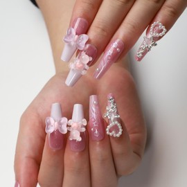 Press on Nails Gel Acrylic Nail Art Nails for Women Girls, Short Almond Medium Fake False Nails With Glue on 24 PCS (Crystal Bear Bow)