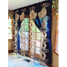 GOHD Spinning Singer. Clipped Voile. Voile Jacquard Window Curtain with Attached Fancy Valance and Taffeta Backing. 2pcs Set. Each pc 54 inch Wide x 90 inch Drop + 18 inch Valance. (Navy Blue)