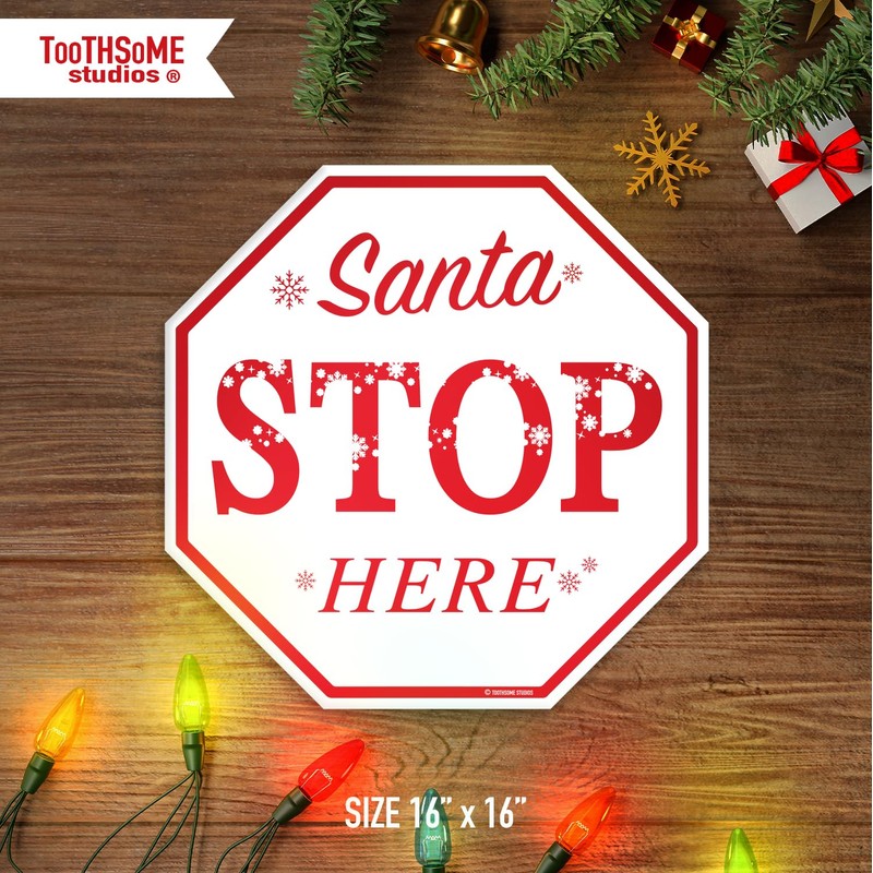 SantaStopHereWhiteStopSign - Letrero de parada de Navidad (30,5 x 30,5