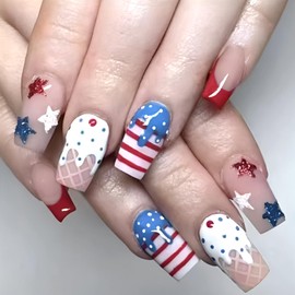24Pcs Independence Press on Nails Almond Medium Square 4th of July Fake Nails Blue White Stripes Star ice Cream Pattern Five-Pointed Star Glitter Nail Tip Press On Cute French Nails Holiday Manicure