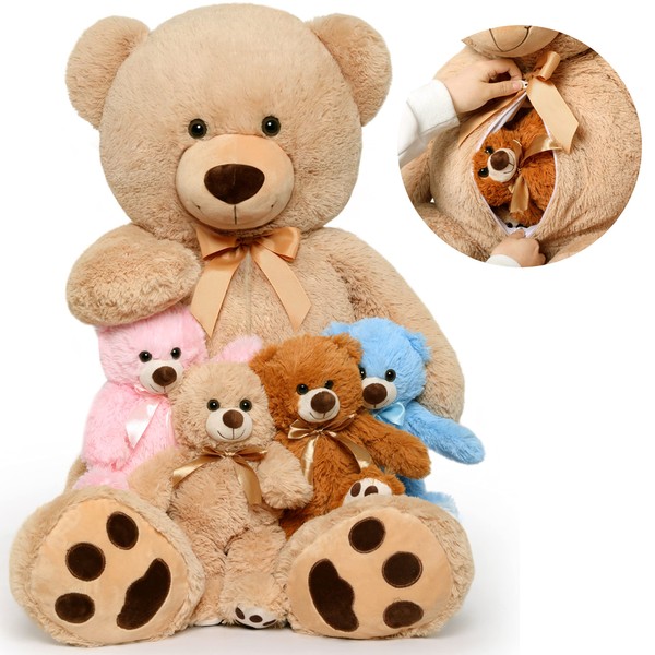 MorisMos Teddy Bear Stuffed Animal 41”,Giant Teddy Bear Plush with 4 Baby Bears in Belly,Big Teddy Bear for Girlfriend,Kids on Baby Shower,Birthday,Valentine's Day,Christmas,Children's Day,Blue,Pink