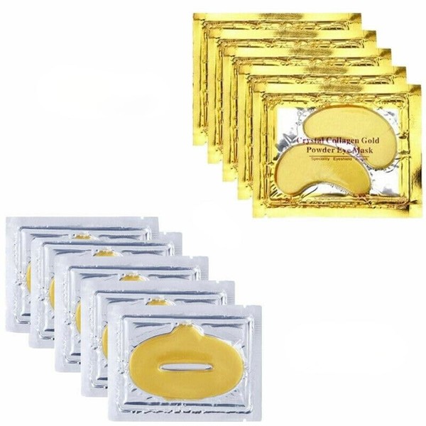 Crystal Collagen 24k Gold Under Eye & Lip Gel Pads Face Mask Anti Aging Wrinkle Gel Under Eye and Lip Patches, Vegan Cruelty-Free Self Care (5 Lip Masks & 5 Pair Eye Masks)