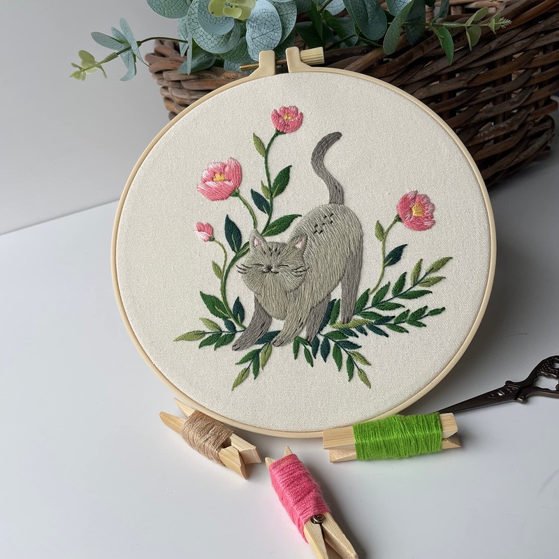 Myfelicity Cat Embroidery Kit 3 Patterns Fabric Threads Needles Hoops
