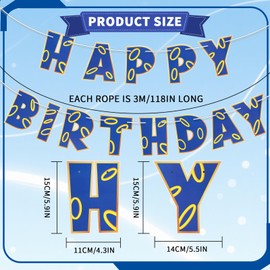 Video Game Happy Birthday Banner, Cartoon Blue with Gold Ring Print Themed Birthday Party Decorations Pre-Strung Hanging Letter Sign Backdrop for Girls Boys Gamer Party Supplies