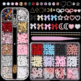2 Boxes Bow Acrylic Nail Charms, Mixed Colors Nail Art Rhinestones and Flatback Pearls Nail Charms, Bows Moon Heart Star Acrylic Nail Art Charms, Half Round Gems Rhinestones for Nails Art DIY