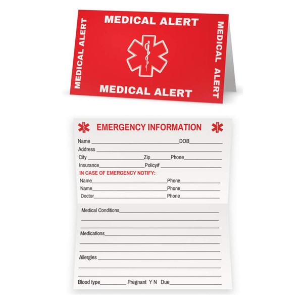 Red Medical Condition and Emergency Contact ID Wallet Card Folding, Medical Alert Card (5 Pack)