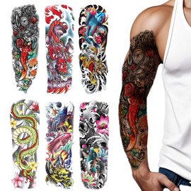 6 Sheets Full Arm Temporary Tattoos, Large Fake Tattoos for Men and Women, Dragon, Fish, and Flower Colorful Tattoo Stickers, Waterproof Long Lasting