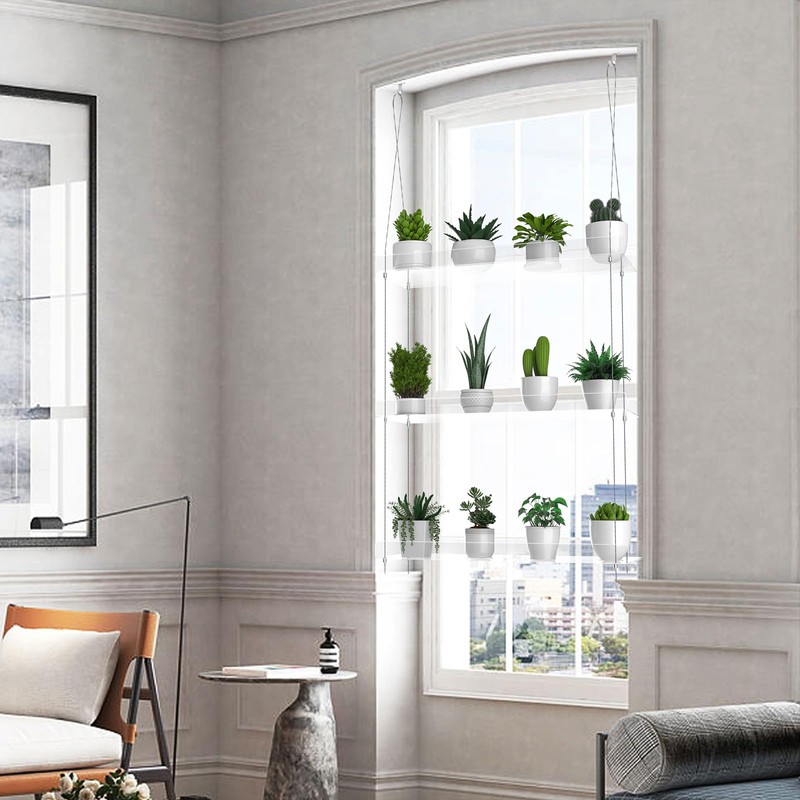 3-Tier Hanging Clear Plant Shelves for Windows, Acrylic Window Wall