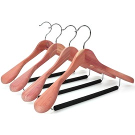 TOPIA HANGER Unfinished American Red Cedar Wood Coat Suit Hangers, Luxury Wooden Jacket Clothes Hangers, Wide Shoulder with Black Padded Pant Bar- 360°Flexible Hook, 4 Pack- Natural- CT07W