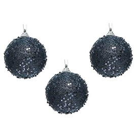 KAE Set of 3 Round Sparkly Glitter/Sequin Christmas Tree Foam Bauble/Decoration - 8cm - Midnight Blue, Green or Black (Midnight Blue)