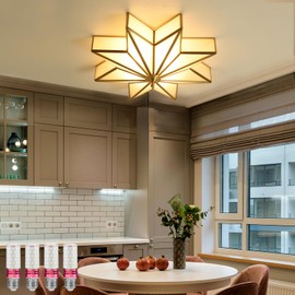 Aeyee Antique Brass Flush Mount Ceiling Light Star Shaped Ceiling Lighting Fixture 4 Lights Bedroom Ceiling Light with Frosted Glass Shade (Bulb Included)