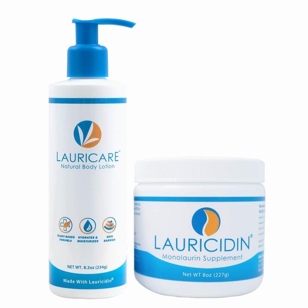 Lauricidin Monolaurin 227g Jar + Lauricare Activated Derma Lotion 8.2 Ounce Bundle- $65.90 Value