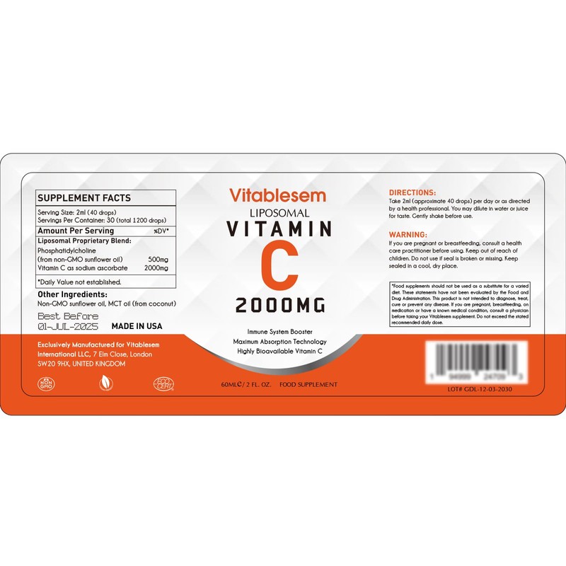 Liquid Liposomal Vitamin C 2000mg Supplement, High dose Ascorbic Acid,