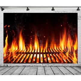 Loccor 5x3ft Fabric Barbecue Grill with Fire Flames Backdrop Empty Fire Grid Fire Flaming Background for Outdoor Camping Picnic Theme Party Decorations Photo Studio Props