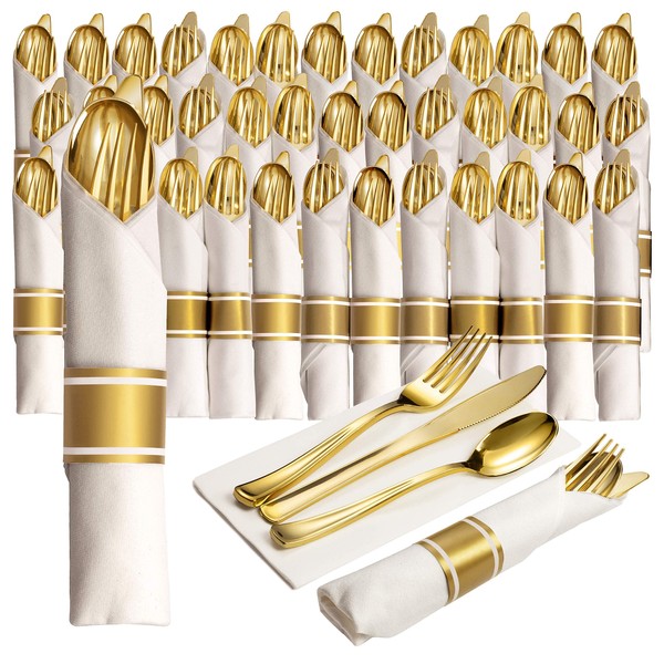 100 Pre Rolled Gold Plastic Silverware - 400pc Set, Service for 100 - Wrapped Disposable Silverware Set with Forks, Knives, Spoons, White Napkins - Fancy Decorative Flatware for Dinner, Party, Wedding