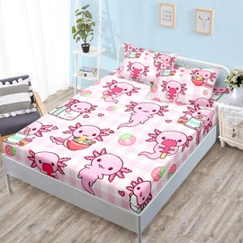 HOSIMA Axolotl Fitted Sheet Set Twin Size for Kids Girls,Pink Cartoon Axolotl Eat Dessert Printing Bedding Set Twin Size for Princess Bedroom Decor,1 Fitted Sheet+2 Pillowcases.