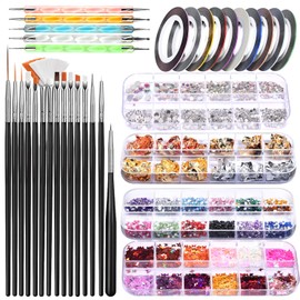 BEETIY Nail Art Tool Sets Nail Art Brush, 3D Nail Art Decorations Kit with Nail Pen Designer Dotting Tools Colors Holographic Butterfly Nail Glitter Foil Flakes Nail Tape Strips and Multi-color Nails Rhinestones Art Stickers